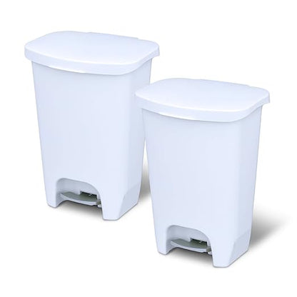 Glad 13 Gallon Trash Can with Clorox Odor Protection, 2 Pack | Plastic Kitchen Waste Bin | Hands Free with Step On Foot Pedal and Garbage Bag Rings, White