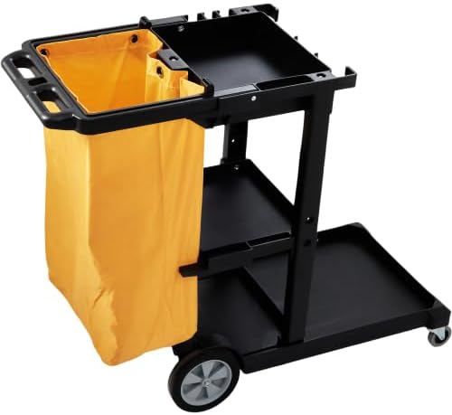 Cleaning Cart, 3-Shelf Commercial Janitorial Cart, 200 lbs Capacity Plastic Housekeeping Cart, with 25 Gallon PVC Bag, 47 x 20 x 38.6in, Yellow&Black