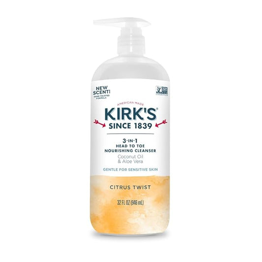 Kirk's Citrus Twist 3-in-1 Nourishing Cleanser, Shampoo Body Wash Bubble Bath, Coconut Oil and Aloe Vera, Vegan Non-GMO, 32 Fl Oz