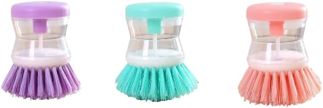 (3pcs) Kitchen Dish Brush with Soap Dispenser, Round Bristles.Kitchen Household Pot Washing Brush, Multifunctional Pot Brush (Colour Mixture)
