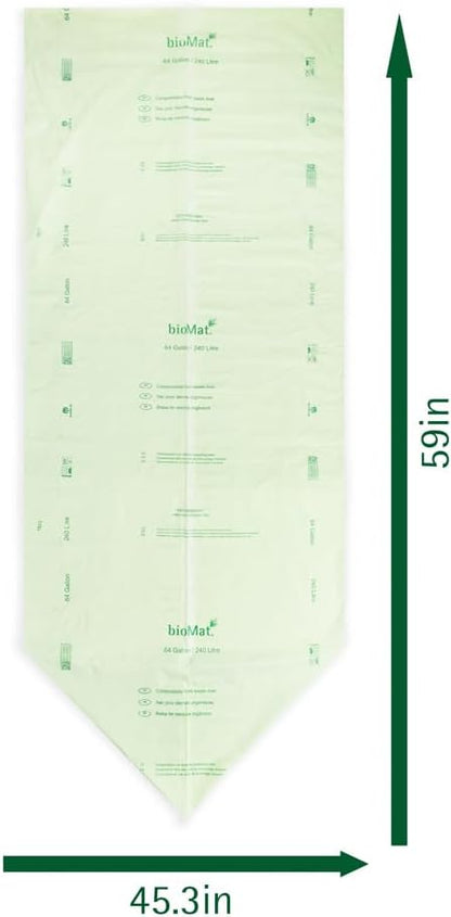 bioMat Compostable Trash Bags 64 Gallon, 10 Count, Extra Large flat top Kitchen Food Scrap Bin Liners, BPI, CMA and OK Compost HOME certified, Meets the ASTM D6400 Standard