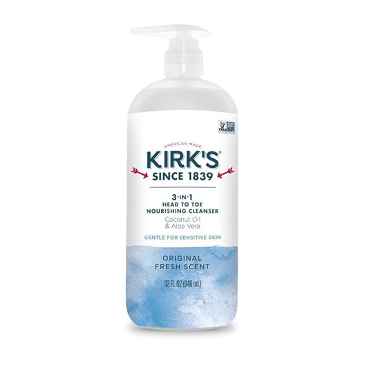 Kirk's Original Fresh 3-in-1 Nourishing Cleanser, Shampoo Body Wash Bubble Bath, Coconut Oil and Aloe Vera, Vegan Non-GMO, 32 Fl Oz
