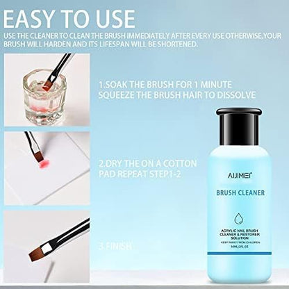 Nail Brush Cleaner Restorer Nail Brush Cleaner Solution Clean Manicure Brushes Set A with Glass Cup & Cleaning Cotton Pads for Nail Art Gel Polish Painting Brushes 58ml