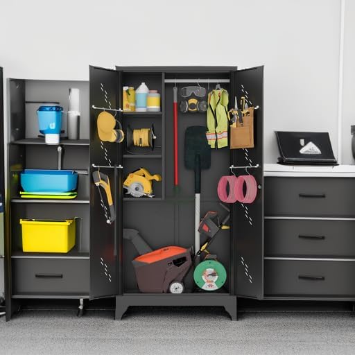 VASAAOSD 75" Metal Storage Cabinet with Lock, Tool Cabinets with Hooks, Heavy-Duty Garage Storage Cabinet for Utility Room, Gym, Basement, Broom Closet, Black