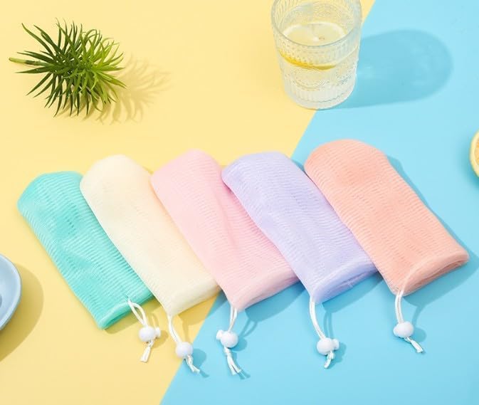 6 Pcs Multicolor Exfoliating Mesh Soap Pouch Bubble Foam Net Bag for Shower Saver Pouch Drawstring Foaming Net Soap Bag for Body Facial Cleansers Cleaning Tool, Repeatedly