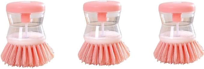 (3pcs) Kitchen Dish Brush with Soap Dispenser, Round Bristles.Kitchen Household Pot Washing Brush, Multifunctional Pot Brush (Pink Colour)