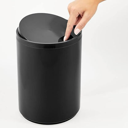 mDesign Plastic Small Slim Round 1.7 Gallon/6.5 Liter Trash Can with Removable Swing Lid - Wastebasket, Garbage Container Basket Bin for Master/Guest Bathroom - Holds Rubbish/Recycle - Black