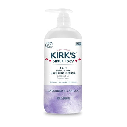 Kirk's Lavender & Vanilla 3-in-1 Nourishing Cleanser, Shampoo Body Wash Bubble Bath, Coconut Oil and Aloe Vera, Vegan Non-GMO, 32 Fl Oz