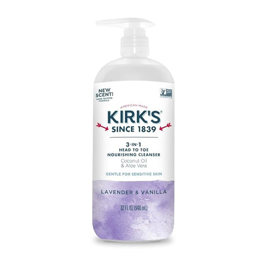 Kirk's Lavender & Vanilla 3-in-1 Nourishing Cleanser, Shampoo Body Wash Bubble Bath, Coconut Oil and Aloe Vera, Vegan Non-GMO, 32 Fl Oz