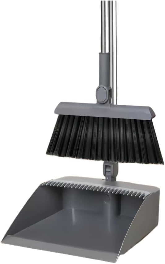 2-in-1 Broom with Dustpan Combo Set,Long Handle Broom Dustpan Combo with Dustpan Teeth to Automatically Clean Hair for Home, Indoor or Outdoor Cleaning Hall Floor (Gray)