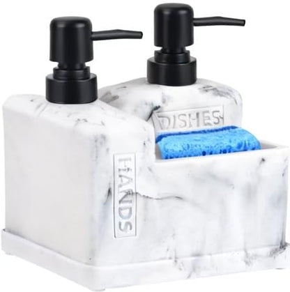 Kitchen Hand Soap and Dish Soap Dispenser Set,Dual Soap Dispenser with Sponge Holder 3-in-1 Organizer for Kitchen Sink,Bathroom,Useful Kitchen Gadgets - White Marble Look