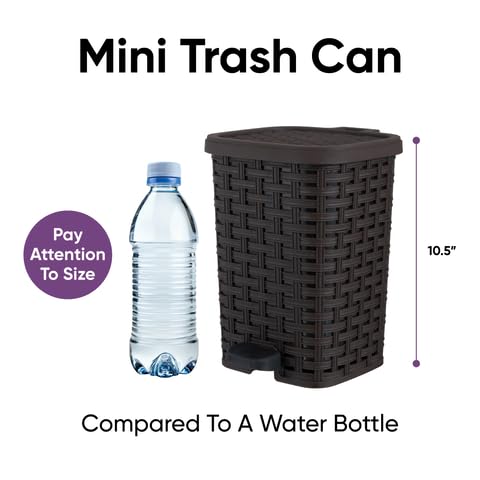 Superio Mini Trash Can with Foot Pedal Small Outdoor Garbage Can with Lid, 1.5 Gallon Plastic Waste Basket for Bathroom, Bedroom, Kitchen, Office, Patio (Wicker Brown 6 QT.), 2 Pack