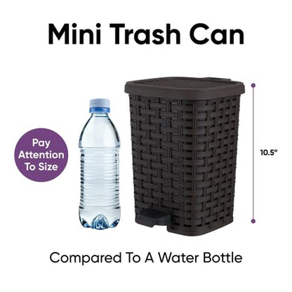Superio Mini Trash Can with Foot Pedal Small Outdoor Garbage Can with Lid, 1.5 Gallon Plastic Waste Basket for Bathroom, Bedroom, Kitchen, Office, Patio (Wicker Brown 6 QT.), 2 Pack