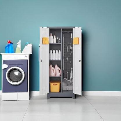 GREATMEET 65'' Garage Storage Cabinet, Broom Closet, Metal Utility Cabinet for Cleaning Supply with Pegboard, Lockable Doors, Adjustable Shelves for Garage, Home, Gray White
