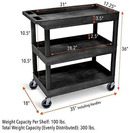 Tubstr 3-Tier Rolling Utility Cart 2-Pack | Each Supports up to 300 lbs. Heavy-Duty Shelf Cart for Garage Storage, Office Spaces, & Kitchen Use | Durable Tool Cart with Locking Wheels (Black, 32 x 18)