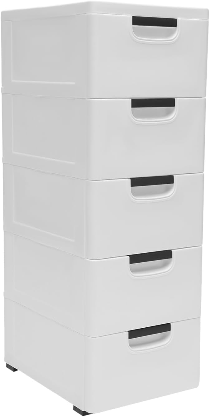 Plastic Drawers Dresser Storage Cabinet with Wheels,5 Drawer Stackable Vertical Clothes Storage Tower,Organizer Unit for Bathroom Entryway Living Room,White