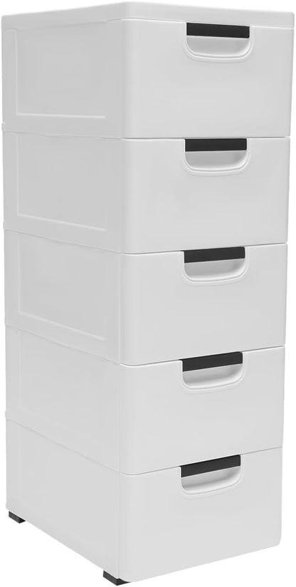 Plastic Drawers Dresser Storage Cabinet with Wheels,5 Drawer Stackable Vertical Clothes Storage Tower,Organizer Unit for Bathroom Entryway Living Room,White