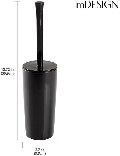 mDesign Slim Plastic Toilet Bowl Brush and Holder Set, Modern Compact Storage Organizer Cleaner Scrubber for Toilet - Heavy Duty Cleaning Plunger for Bathroom, Aura Collection - Black