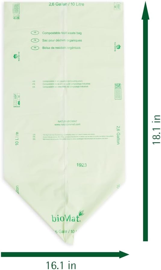 bioMat Compostable Trash Bags 2.6 Gallon, 125 Count, Small flat top Kitchen Food Scrap Bin Liners, BPI, CMA and OK Compost HOME certified, Meets the ASTM D6400 Standard