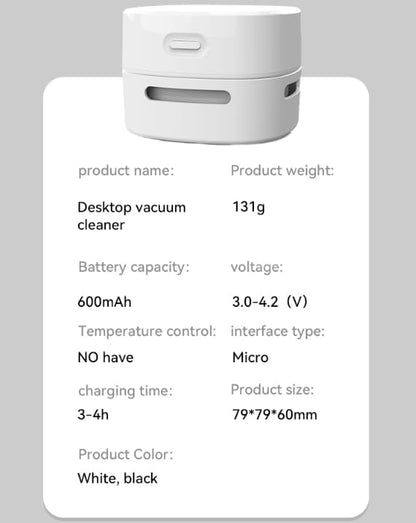 Portable Mini Desktop Vacuum Cleaner, Wireless Handheld, White, for Eraser Shavings, Pencil Shavings, Paper Scraps and Dust