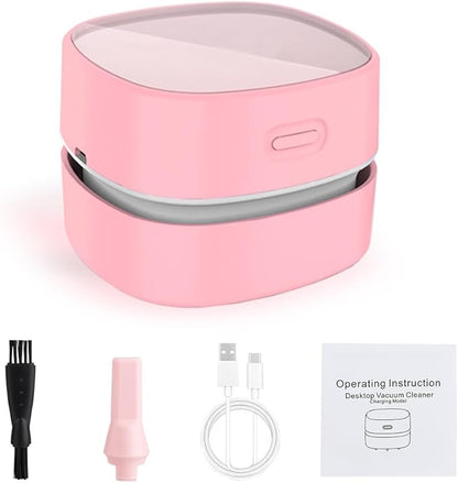 ODISTAR Desktop Vacuum Cleaner,Mini Table dust Sweeper Energy Saving,High Endurance up to 400 mins,Cordless&360º Rotatable Design for Cleaning Hairs,Crumbs,Computer Keyboard (Pink Charging)