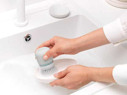 Brabantia Refillable Soap Dispensing Washing Up Brush (Light Gray) Secure Grip Palm Brush with Storage Tray