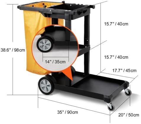 Cleaning Cart, 3-Shelf Commercial Janitorial Cart, 200 lbs Capacity Plastic Housekeeping Cart, with 25 Gallon PVC Bag, 47 x 20 x 38.6in, Yellow&Black