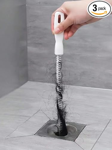 3 Pcs Flexible Plastic Drain Clog Remover Tool Kit 25 Inch Hair Snake Catcher with Long Pipe Cleaning Brush for Bathroom Sink Bathtub Shower Kitchen Plumbing Relief (White)