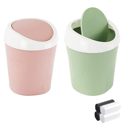 SITAKE 2 Pcs Plastic Mini Wastebasket Trash Can with 120 Trash Bags, Tiny Desktop Waste Garbage Bin with Swing Lid for Home, Office, Kitchen, Vanity Tabletop, Bedroom, Bathroom (Green + Pink)