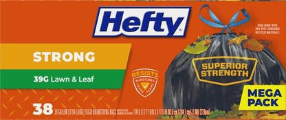 Hefty Strong Lawn & Leaf Trash Bags,39 Gallon,38 Count (Pack of 3)