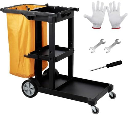 Cleaning Cart, 3-Shelf Commercial Janitorial Cart, 200 lbs Capacity Plastic Housekeeping Cart, with 25 Gallon PVC Bag, 47 x 20 x 38.6in, Yellow&Black
