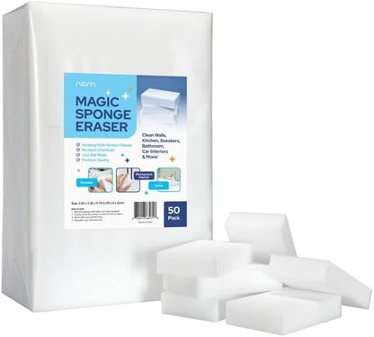 Melamine Sponge 50 Pack, Extra Dense Magic Cleaning Sponge Bulk for Kitchen, Bathroom, Walls, Baseboards, Sink, Bathtub & Floor – Multi Surface Eraser Pads for Grease, Scuff Marks & Stains