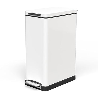 Home Zone Living 12 Gallon Slim Kitchen Trash Can with Slow Close Lid and Step Pedal, Stainless Steel, Matte White, 45 Liters