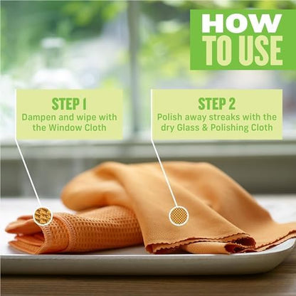 E-Cloth 2-Pack Window Cleaning Cloth - Streak-Free Glass & Mirror Cleaning Kit with Just Water, Glass Cleaning Cloth, Microfiber Towel Kit for Windows, Car Windshield, Mirrors - Tangerine Orange