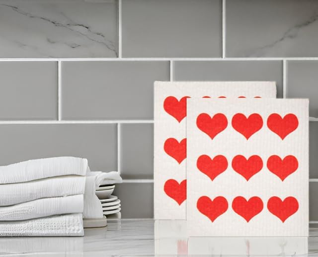 Swedish Dishcloths 2-Pack - Reusable Cellulose Sponge Cloths, Super Absorbent Kitchen Cleaning Towels, Machine Washable, Red Hearts Row Design, 7.87"x6.88"