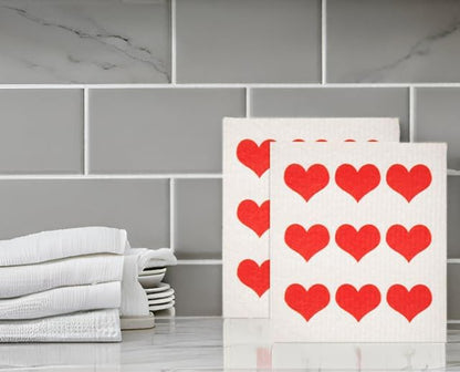 Swedish Dishcloths 2-Pack - Reusable Cellulose Sponge Cloths, Super Absorbent Kitchen Cleaning Towels, Machine Washable, Red Hearts Row Design, 7.87"x6.88"