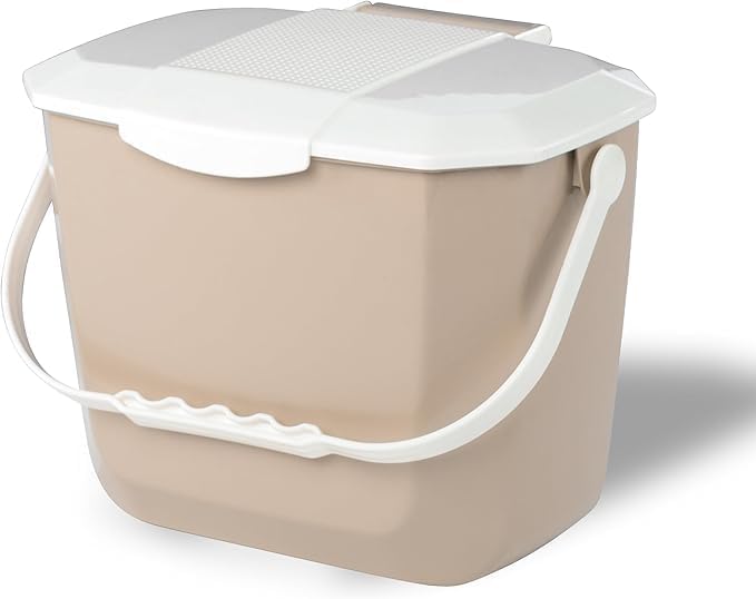 Nova Products Kitchen Compost Bin – 2 Gallon (8L) Countertop Food Waste Container | Ergonomic Handle | Beige Base with White Handle | Easy to Clean Design | Made from Durable HDPE