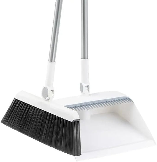2-in-1 Broom with Dustpan Combo Set,Long Handle Broom Dustpan Combo with Dustpan Teeth to Automatically Clean Hair for Home, Indoor or Outdoor Cleaning Hall Floor (White)