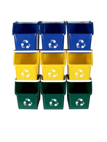 Multi Bin Recycling System with Three Stackable 6 Gallon Recycle Bins for Kitchen Use – Recycling Trash Can Set for Office, Garage, Businesses (9 Pack, Blue/Yellow/Green)