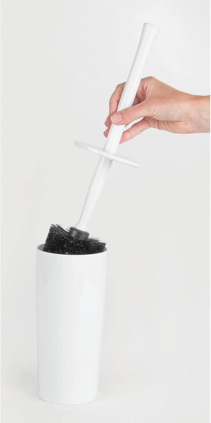 mDesign Slim Plastic Toilet Bowl Brush and Holder Set, Modern Compact Storage Organizer Cleaner Scrubber for Toilet - Heavy Duty Cleaning Plunger for Bathroom, Aura Collection - White