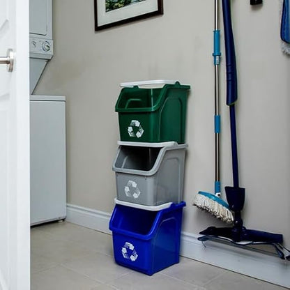 Multi Bin Recycling System with Three Stackable 6 Gallon Recycle Bins for Kitchen Use – Recycling Trash Can Set for Office, Garage, Businesses (3 Pack, Blue/Grey/Green)