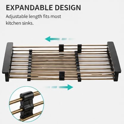 Gold Expandable Dish Drying Rack Over the Sink, Adjustable Stainless Steel Sink Drying Rack for Plates, Bowls & Utensils, Space-Saving Kitchen Counter Drainer (14-24 in)