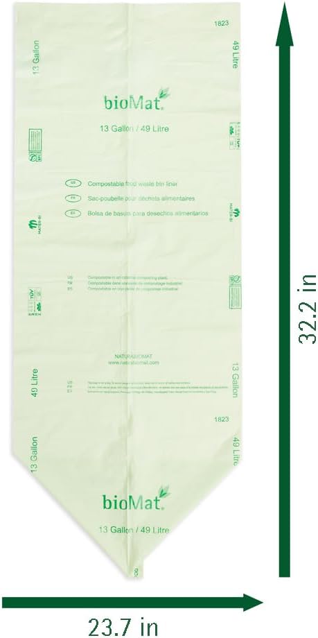 bioMat Compostable Trash Bags 13 Gallon, 10 Count, Tall flat top Kitchen Food Scrap Bin Liners, BPI, CMA and OK Compost HOME certified, Meets the ASTM D6400 Standard