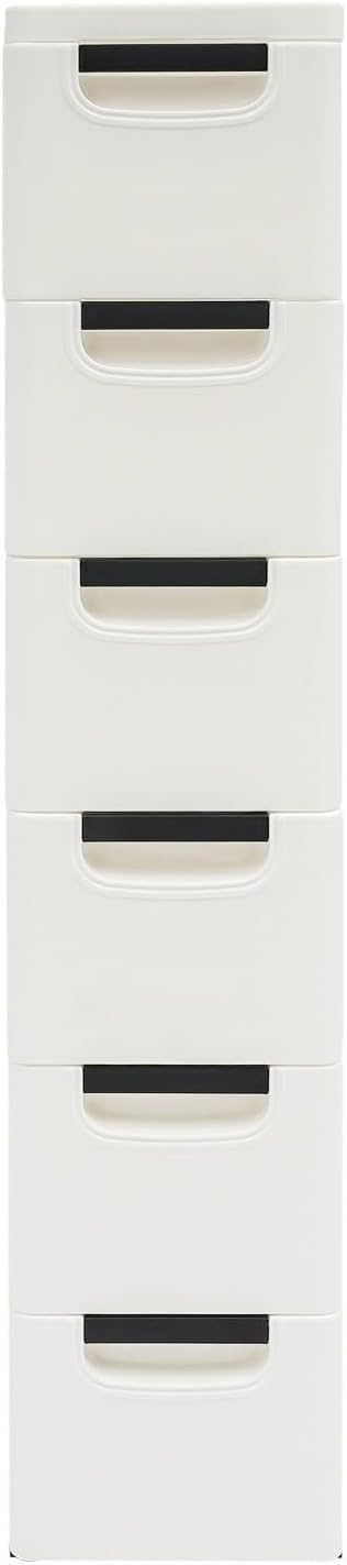6 Drawers Narrow Slim Plastic Storage Cabinet,Storage Drawer with Wheels,6 Tier Drawers Dresser,Rolling Narrow Cabinet for Small Spaces Bathroom Kitchen Living Room,White