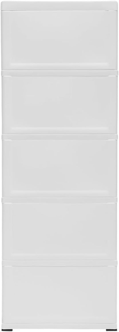 Plastic Drawers Dresser Storage Cabinet with Wheels,5 Drawer Stackable Vertical Clothes Storage Tower,Organizer Unit for Bathroom Entryway Living Room,White