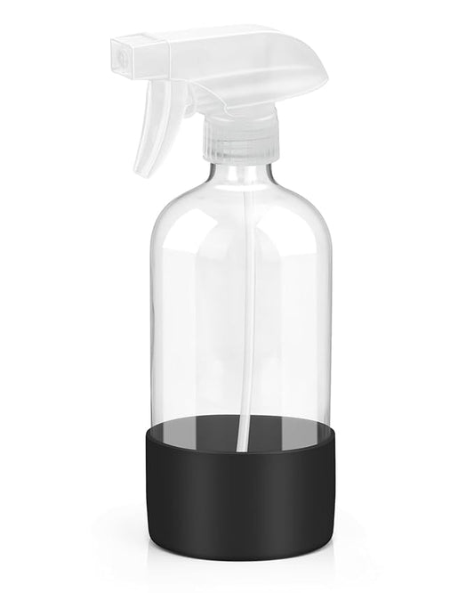 Rionisor Glass Spray Bottles with Silicone Sleeve Protection, Empty 16OZ Reusable Spray Bottles, Refillable Containers with Spray Nozzles for Cleaning Solutions, Plants and Essential Oils 1 Pack Black