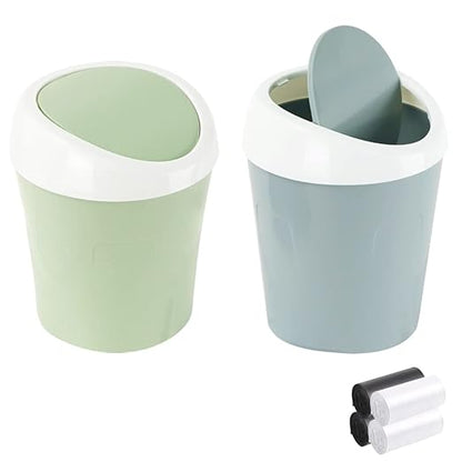 SITAKE 2 Pcs Plastic Mini Wastebasket Trash Can with 120 Trash Bags, Tiny Desktop Waste Garbage Bin with Swing Lid for Home, Office, Kitchen, Vanity Tabletop, Bedroom, Bathroom (Blue + Green)