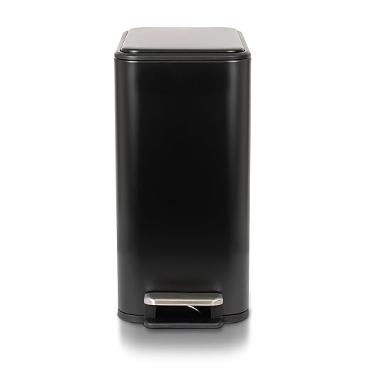 Glad Slim Bathroom Trash Can - Small Garbage Pail with Soft Close Lid & Step Foot Pedal | Narrow Black Metal Waste Basket with Removable Inner Bucket, 2.6 Gallon