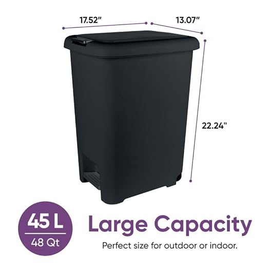 Superio 45L Slim Step & Push Trash Can with Wheels - Dual Opening, Space-Saving Design (17.52"x13.07"x22.24") - Black
