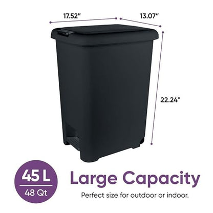 Superio 2-Pack 45L Slim Step & Push Trash Can with Wheels - Dual Opening, Space-Saving Design (17.52"x13.07"x22.24") - Black